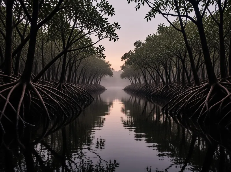 Dense mangrove forests line both sides of a calm misty waterway reflecting the soft warm light of dawn in the distance.