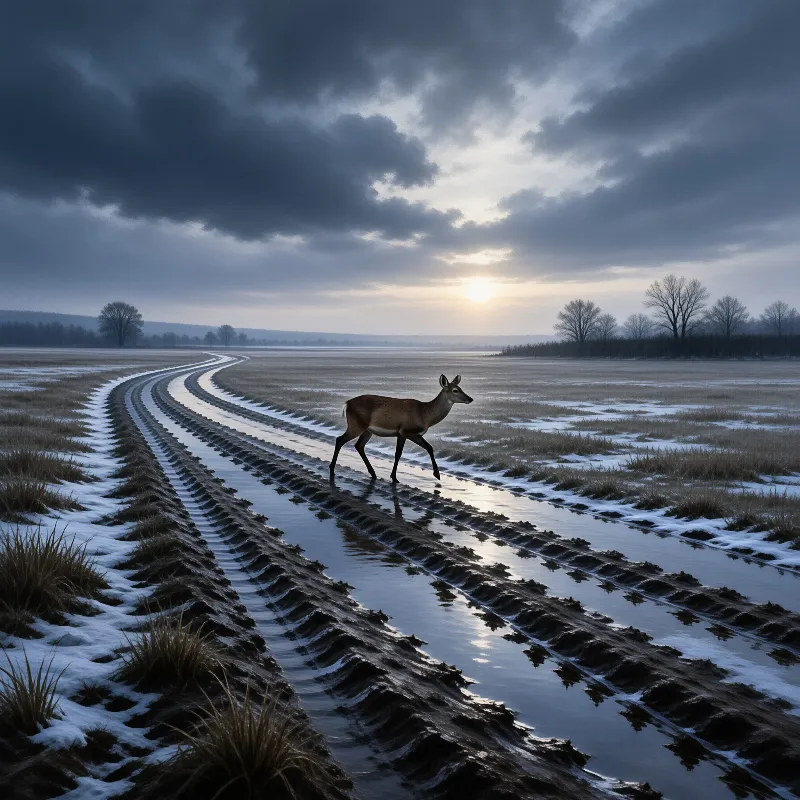 A lone deer steps across a wet muddy rut in a snowy field as the sun rises behind dark clouds.