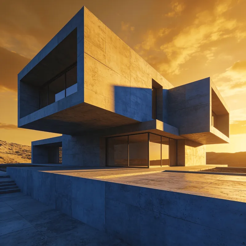 Villa with Brutalist Massing — Golden Sunset