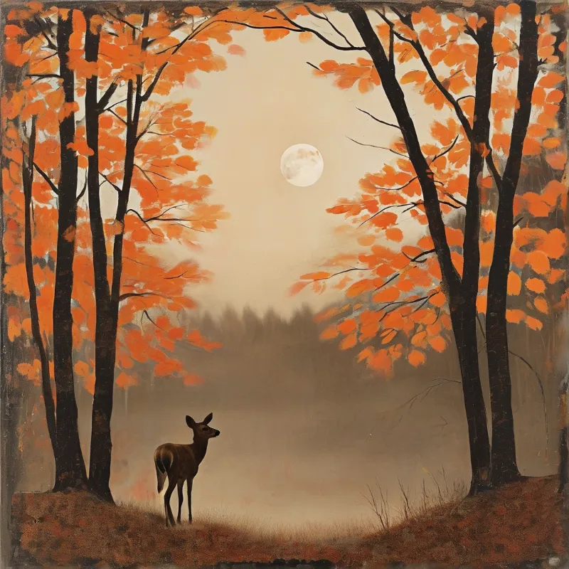 A deer stands in a misty forest with orange leaves looking up at a full moon shining brightly through the tree branches.