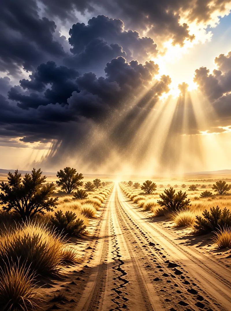 A sunlit dirt track cuts through golden desert scrub as bright rays pierce a dark storm sky.