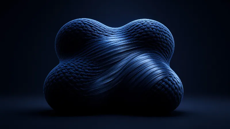 A knotted mass of blue threads glows softly against a pitch black void