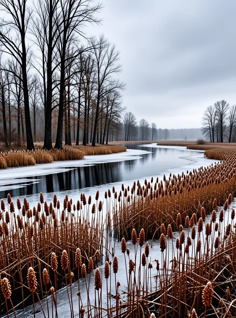 Winter River with Reeds