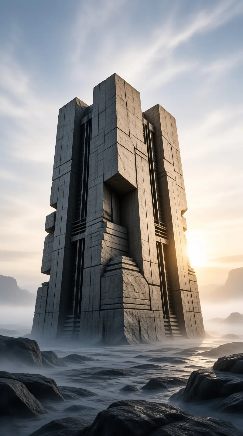 A colossal carved block structure stands in shallow water as low sunlight bursts from behind its stepped upper corners.
