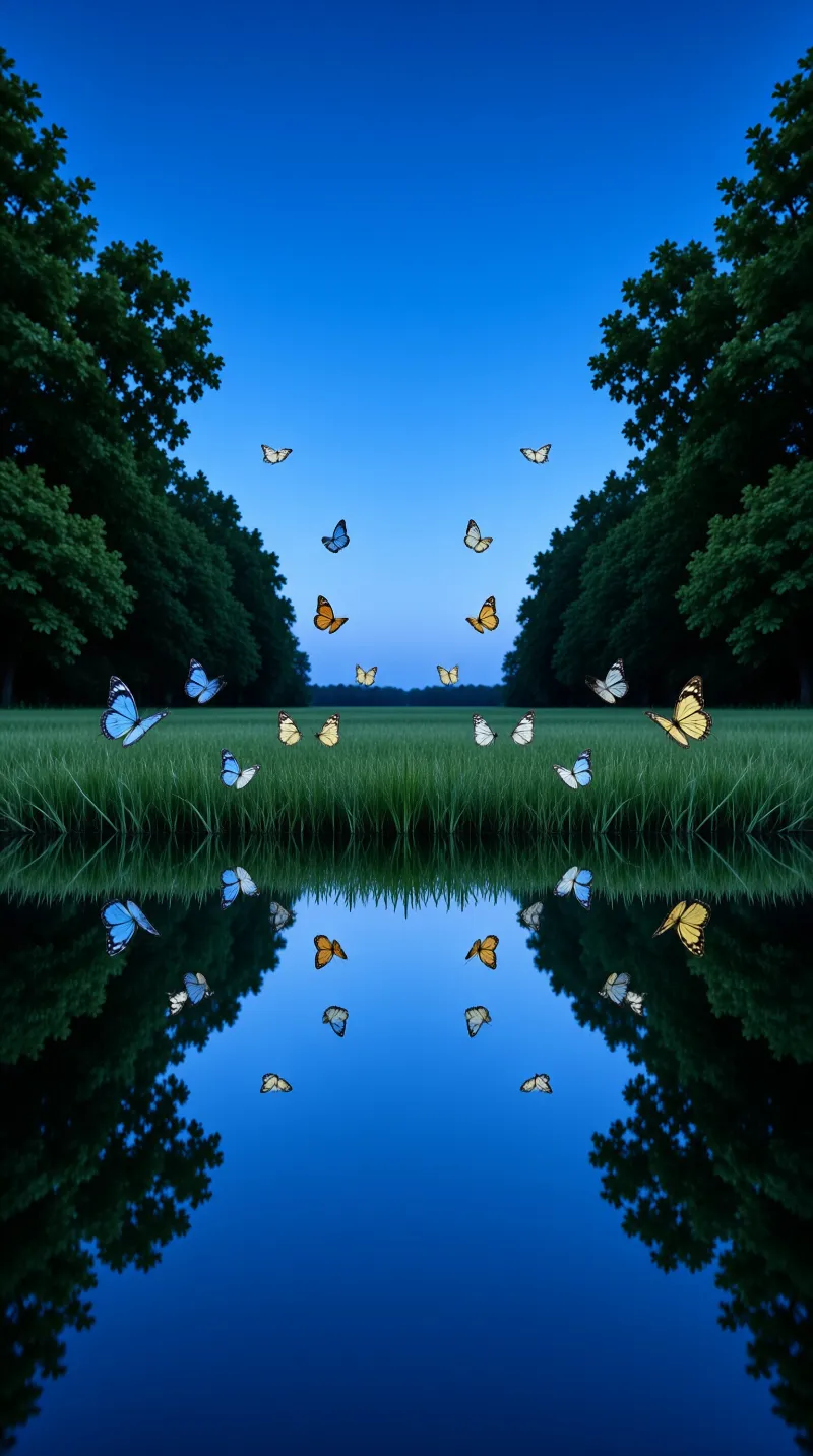 Colourful butterflies drift above a green meadow framed by tall trees, their shapes mirrored in a glassy pool below.