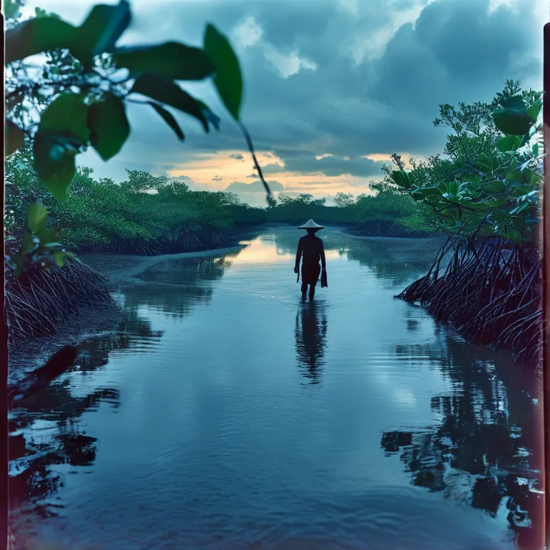 A person wearing a traditional hat walks through calm mangrove waters reflecting the colorful twilight sky.