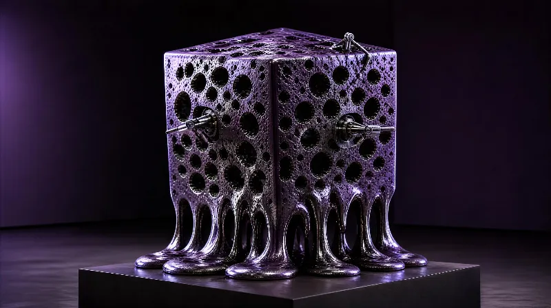 A metallic cube with numerous round holes and dripping legs, placed on a black pedestal in a dark room with purple lighting.