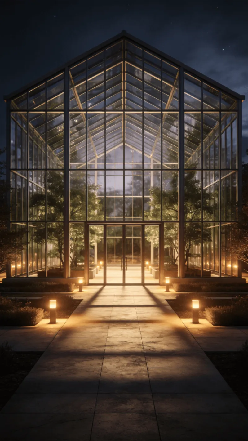Greenhouse with Glass Curtain Wall — Night With Warm Lights