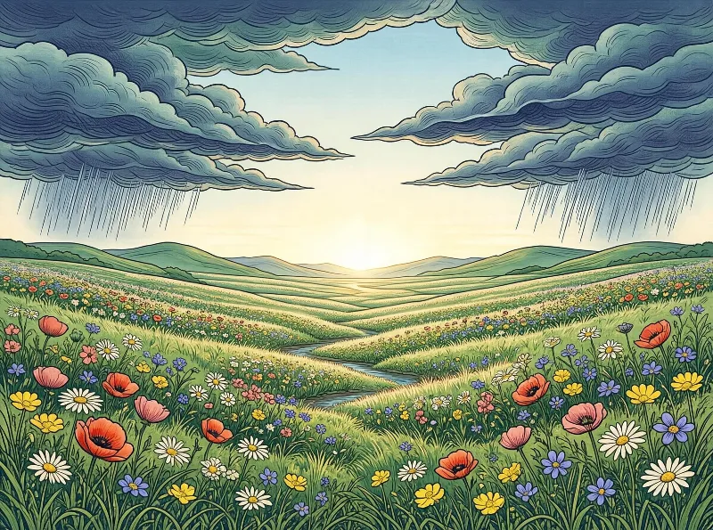 A vibrant meadow of wildflowers like red poppies and daisies, with rolling green hills, a winding stream, and storm clouds releasing rain, illuminated by light on the horizon.