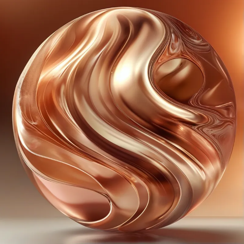 A smooth metallic sphere displays flowing copper patterns under bright studio illumination.