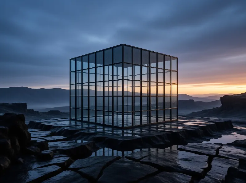A transparent glass cube stands on layered rock formations under a twilight sky with a warm sunset glow on the horizon.