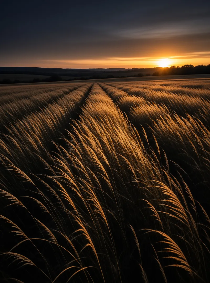 Ripening grain bends in long lines toward a low sun, its amber light set against a heavy indigo evening sky