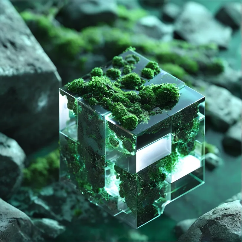A clear cubic block rests among grey stones, filled with fuzzy emerald vegetation glowing under cool illumination.