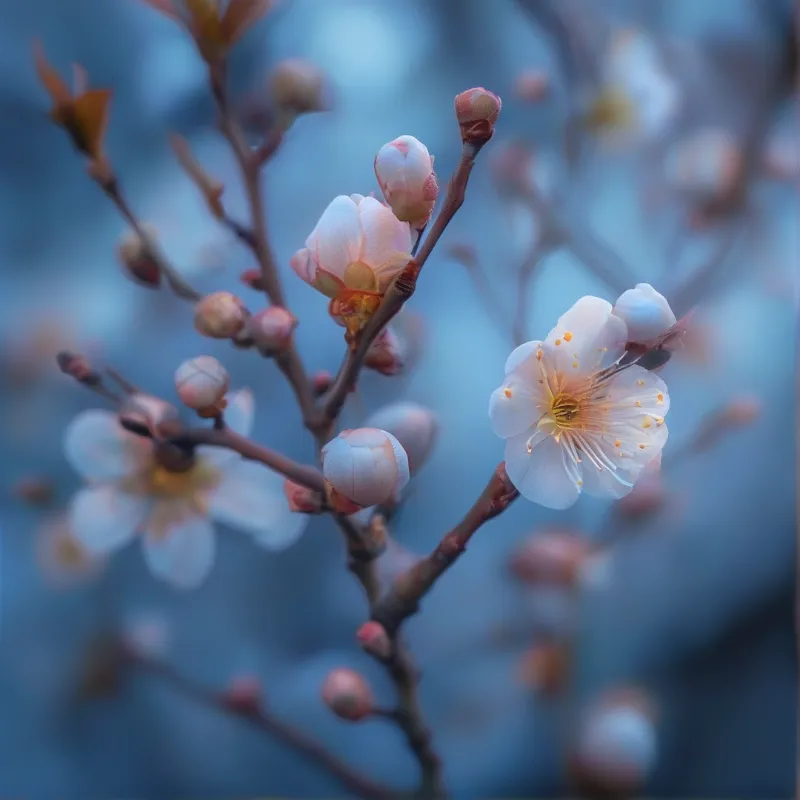 White plum blossoms and pink buds sit on branches while soft blue haze provides contrast and highlights petals.