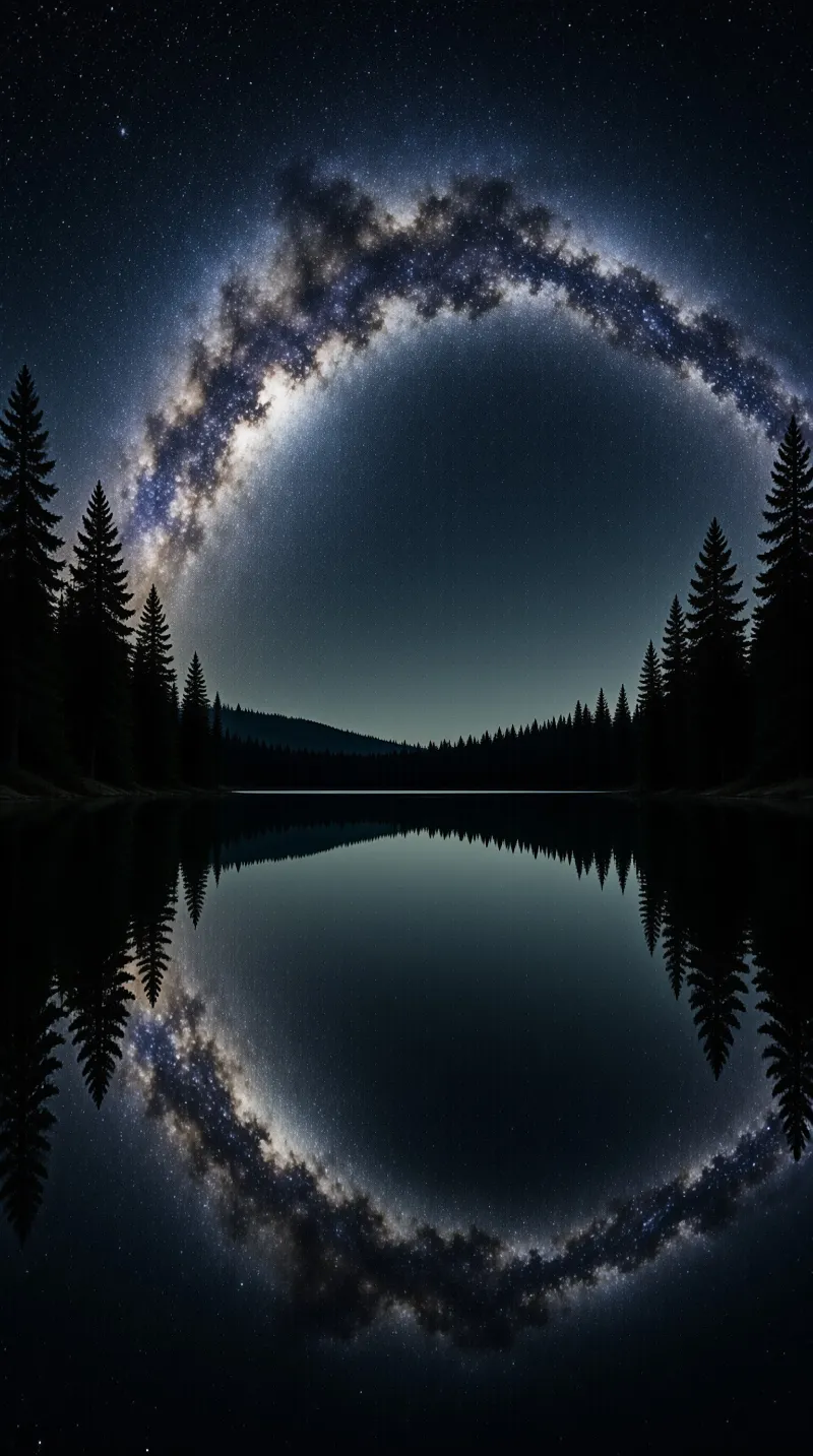 A circular band of the Milky Way arches over a calm lake that mirrors its light between silhouetted evergreen trees