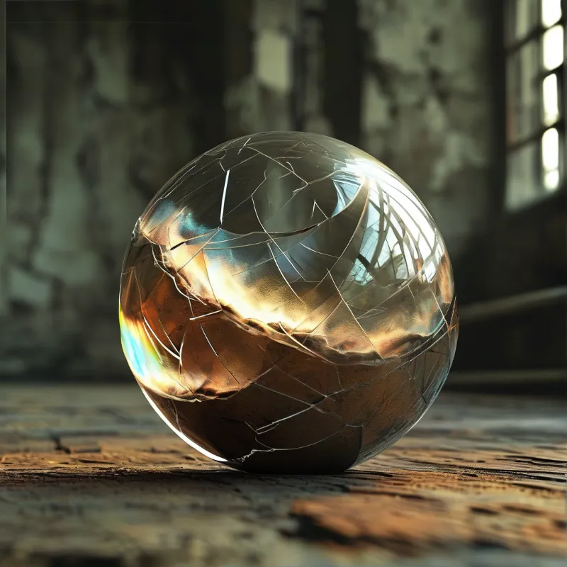 A shattered metallic sphere reflecting warm light sits upon a rough wooden surface.