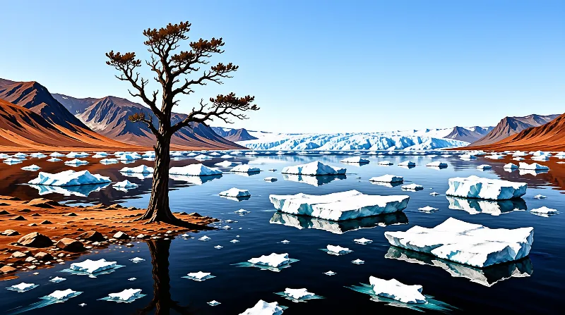 A lone tree grows on a reddish rocky shore next to dark water filled with floating icebergs and distant mountains.