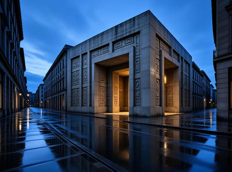 A geometric concrete building stands in a wet city street at twilight, glowing with warm light against the cool blue sky.