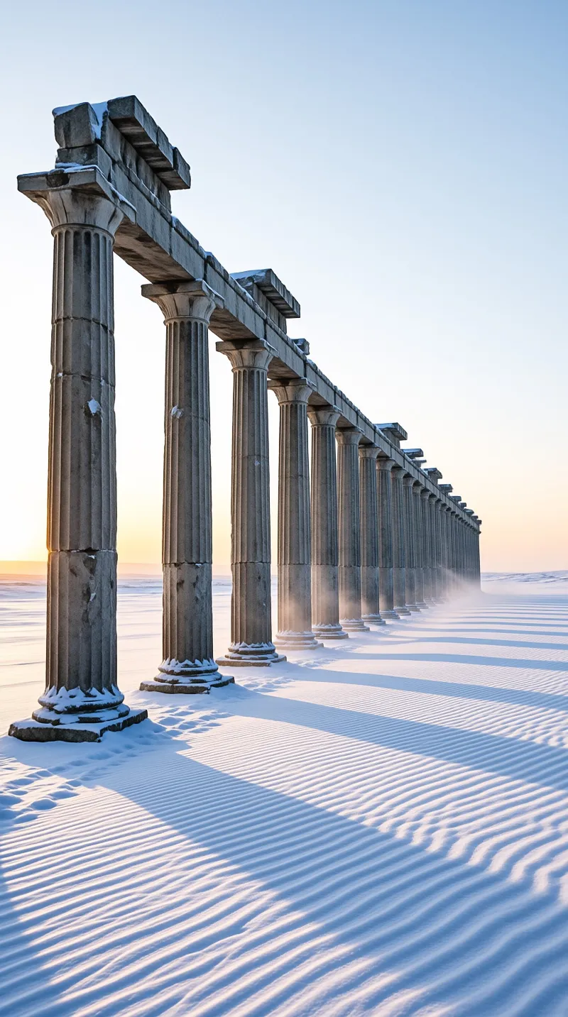 Ancient pillars stand on a snowy plain while low sunlight casts long rhythmic shadows across the textured white ground.