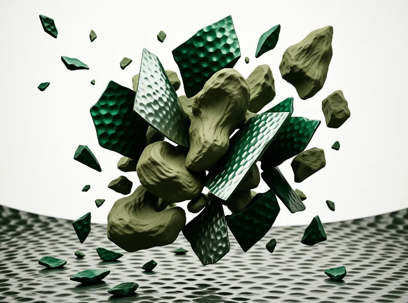 Green crystal shards and organic olive stone shapes drift through white space above a dimpled metal surface