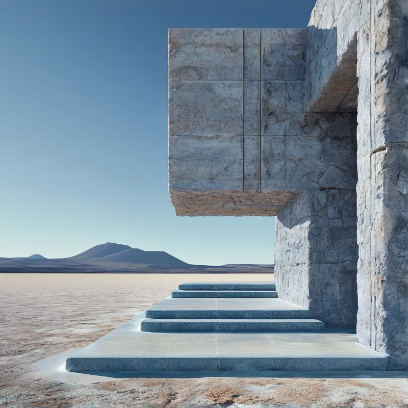 A massive stone overhang sits above steps leading into a vast desert plain with distant mountains under a clear sky.