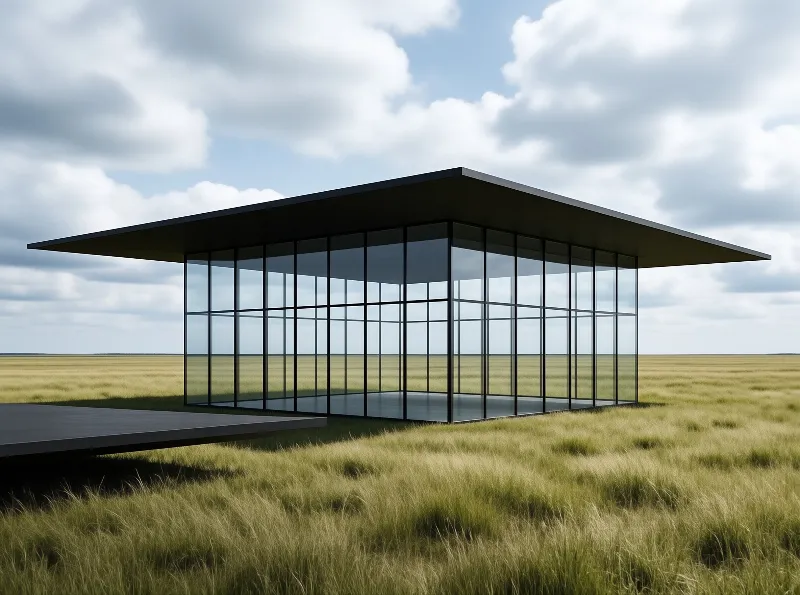 A rectangular glass structure with a dark overhanging roof stands in a vast grassy field under a cloudy sky.