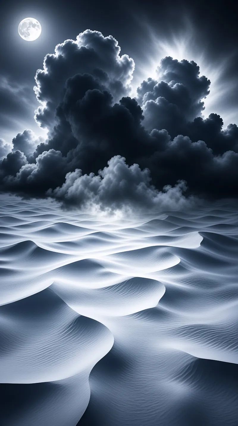 A full moon illuminates vast wavy dunes and towering dark clouds in a monochrome night landscape.
