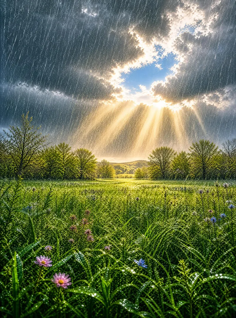 Rainy Meadow with God Rays