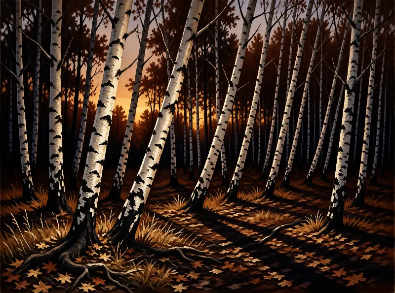 Tall white birch trees with black markings stand in a forest while a warm orange sunset glows through the branches.