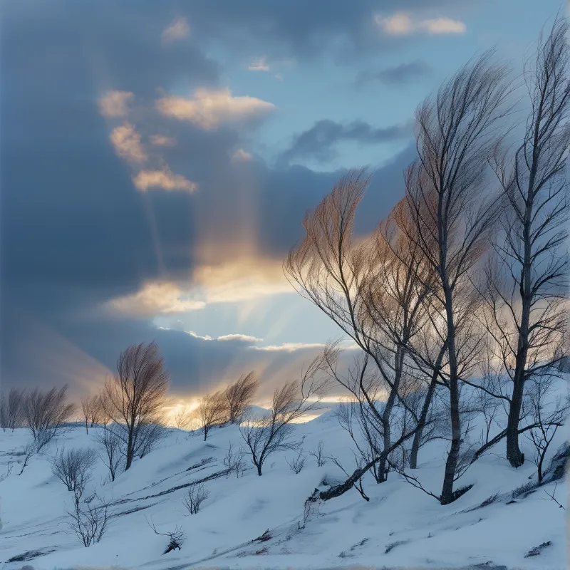 Leafless trees lean on snow covered hills while bright sunbeams break through dark clouds in the distance.