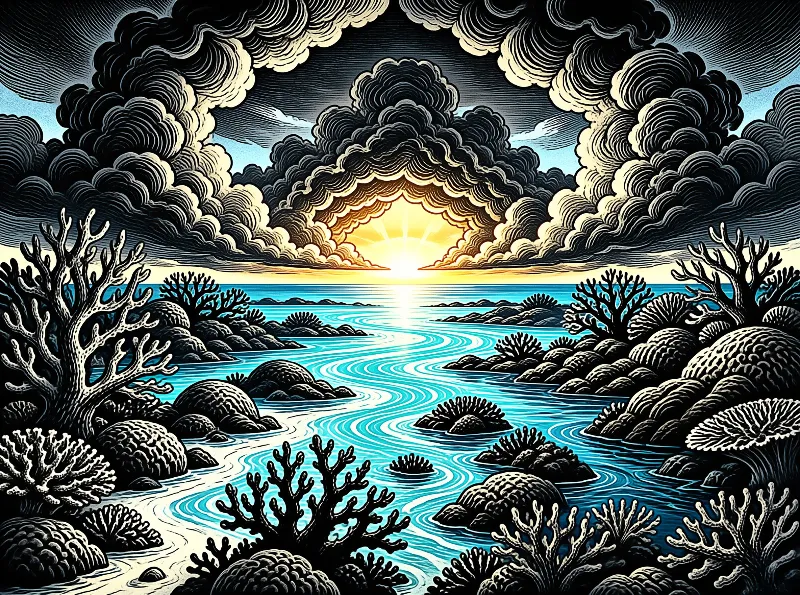 A radiant sunburst parts heavy dark clouds above a winding turquoise river flowing between coral reefs and jagged rocks