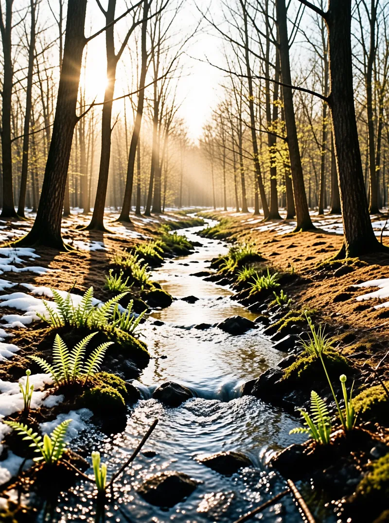 A small creek flows between mossy banks and ferns while patches of melting snow remain beneath bare trees.