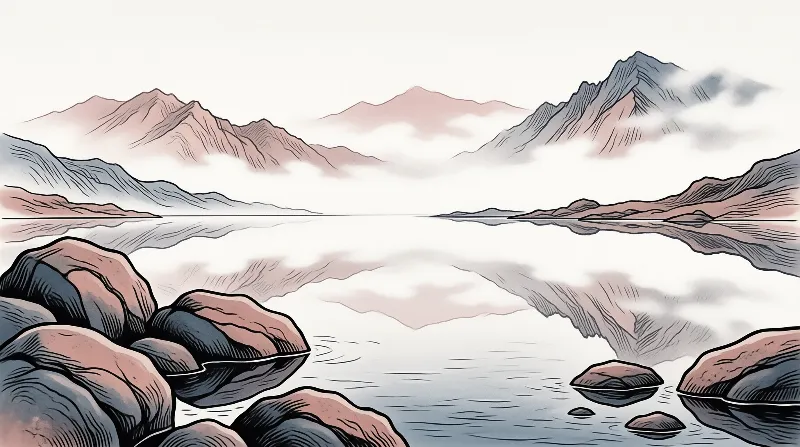 A stylized ink drawing shows mountains mirrored in a calm lake with smooth boulders along the near shore.
