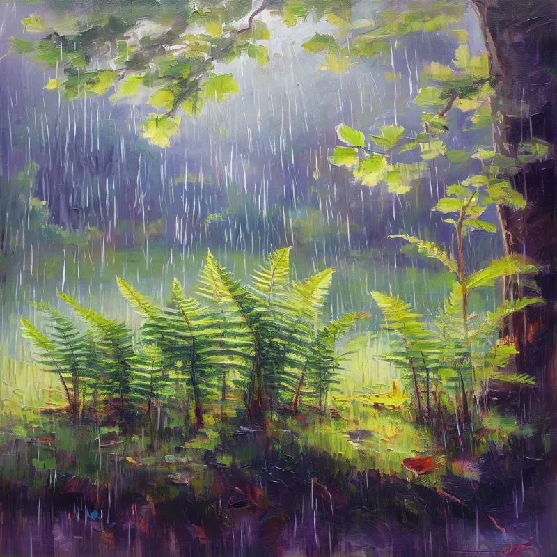 Bright green fern fronds glow under falling rain as pale sunlight breaks through a stormy sky.