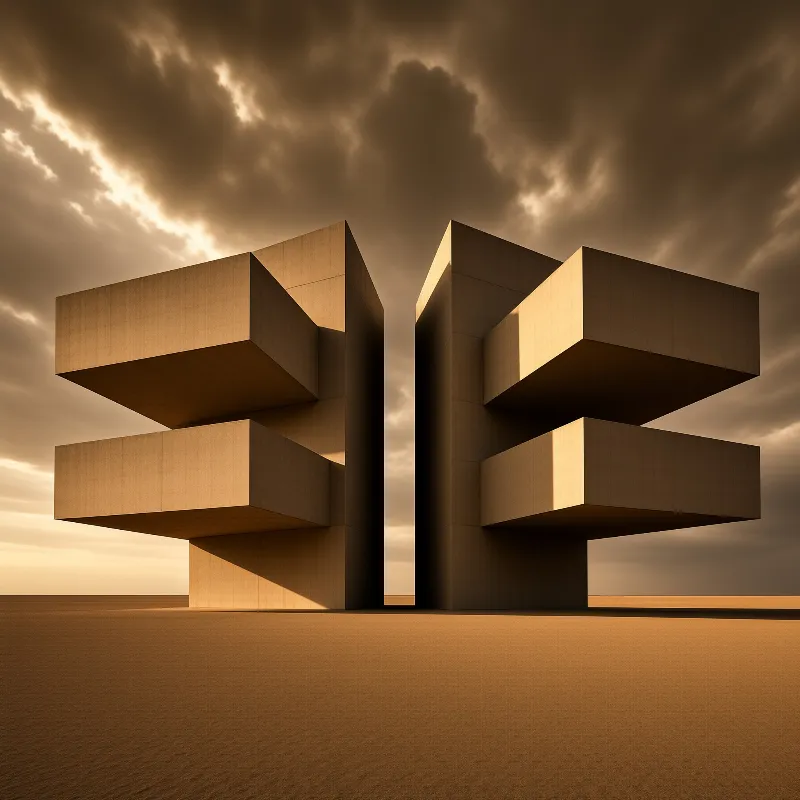 Massive geometric concrete forms stand on flat ground beneath a dramatic sky filled with glowing clouds and directional sunlight.