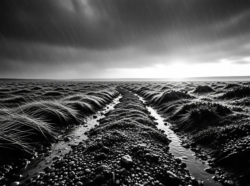 A wet gravel track winds through a grassy field under a heavy rainy sky leading to the bright horizon.