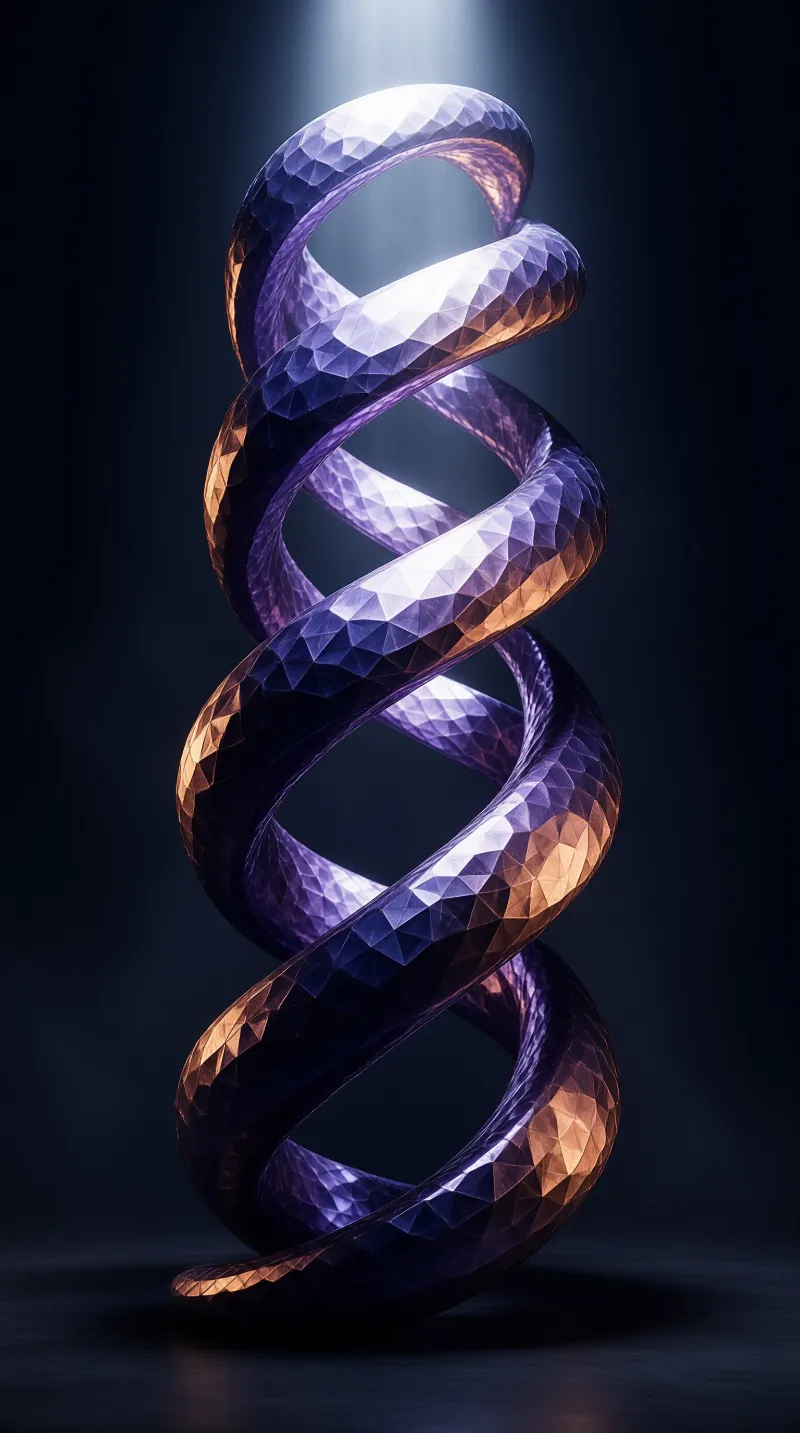 A faceted purple ribbon twists vertically against a dark background while catching warm copper highlights from a light.