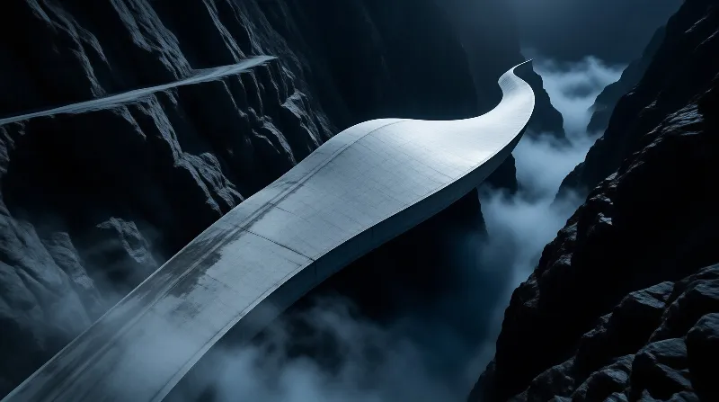 A slender pale span curves between dark rocky cliffs while cloud fills the gorge below its smooth deck