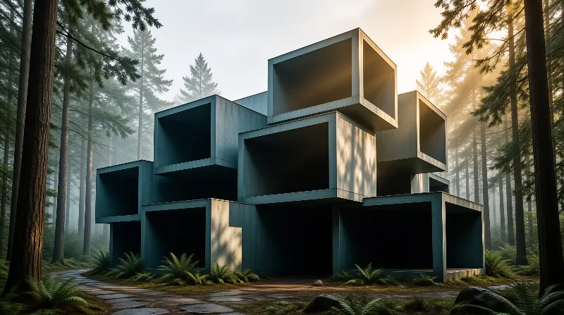 A cluster of hollow concrete cubic rooms floats among tall pines as warm golden light filters through the misty forest.
