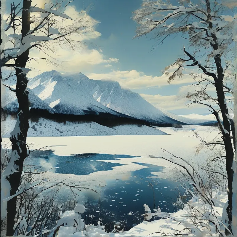 A bright winter scene features a massive snow capped mountain rising above a frozen lake bordered by leafless trees.