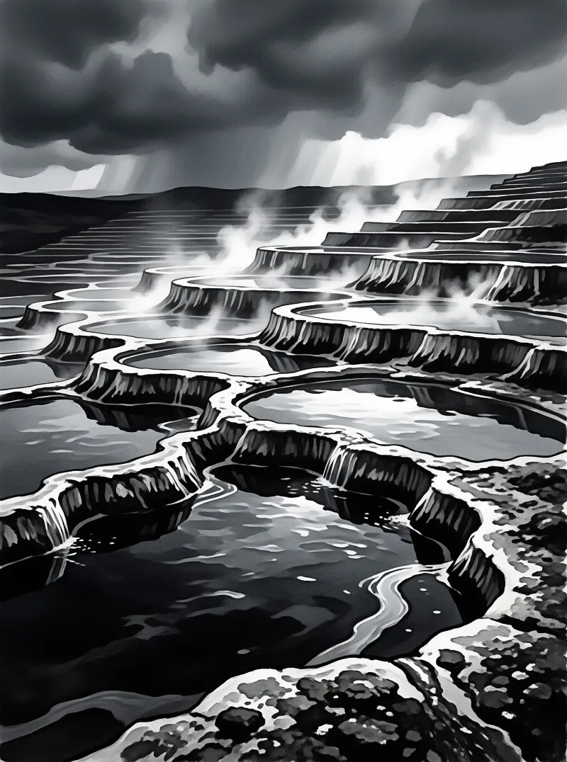 Black and white art of stepped water terraces with steam rising while sunbeams pierce through dark clouds above.