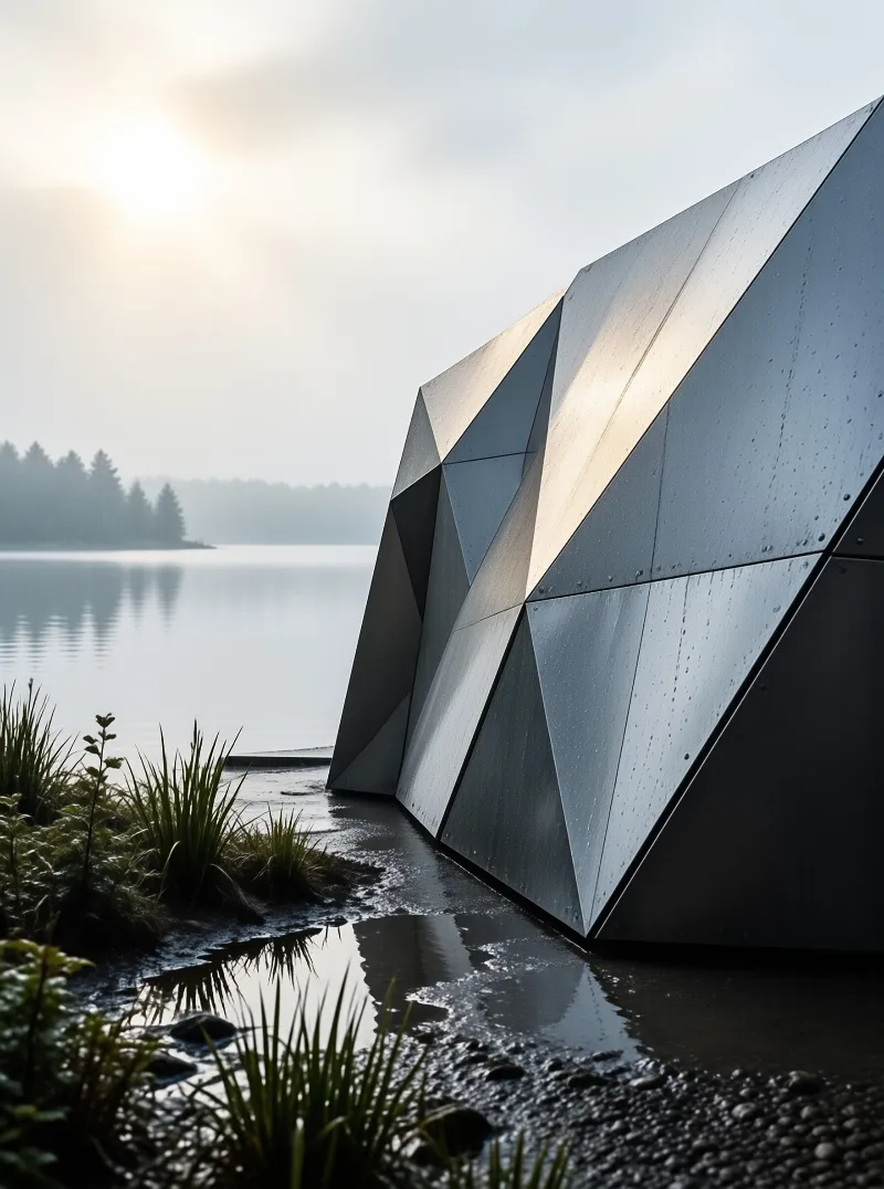 A faceted metal structure stands near the water's edge while fog obscures the distant tree line under soft light.