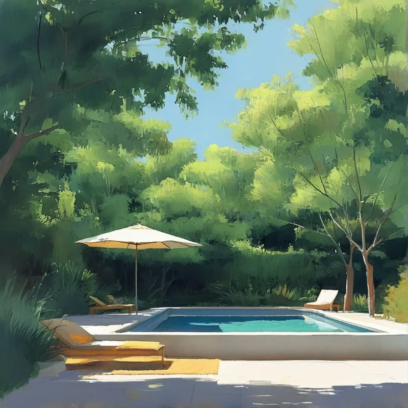 A rectangular swimming pool with wooden loungers and umbrella surrounded by dense leafy trees.