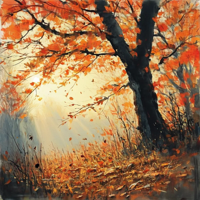A dark trunk rises through fiery foliage as warm light filters through the leaves