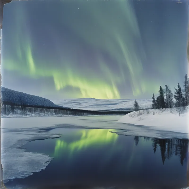 Green aurora borealis illuminates the night sky above a partially frozen lake and snowy hills.