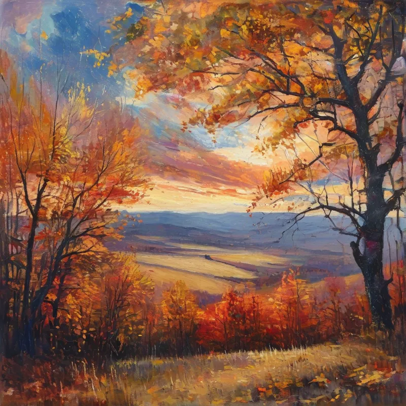 Autumn trees with orange and red leaves frame a valley of golden fields and distant blue mountains under a sunset sky.