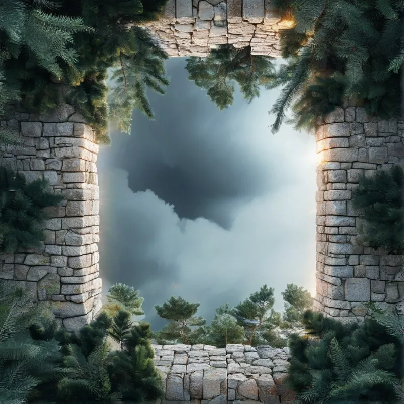A rough stone archway covered in pine branches frames a view of dramatic clouds and bright light.