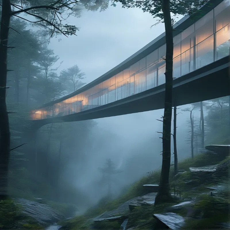 A modern glass structure glows brightly while crossing a foggy woodland area.