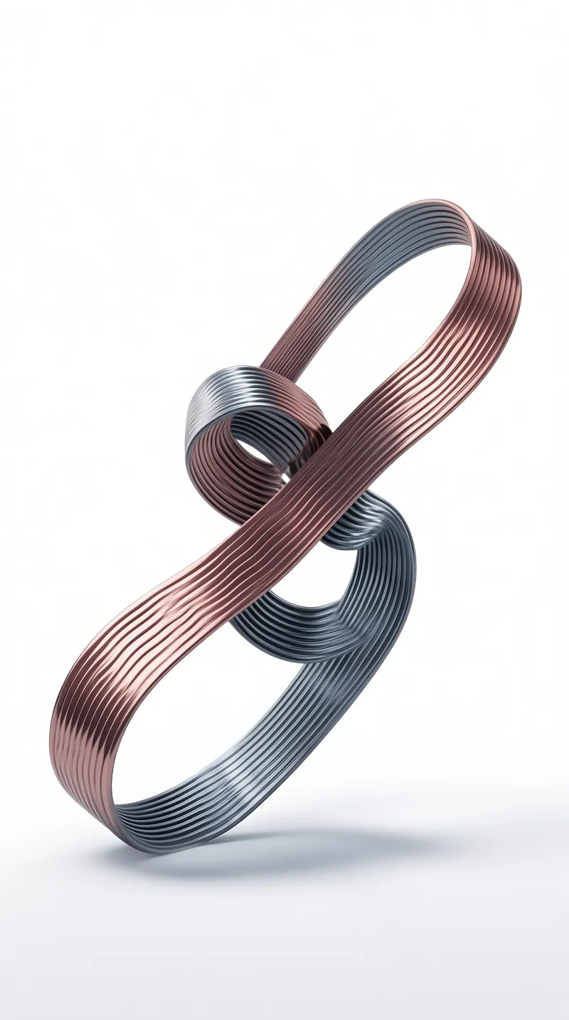Twisted ribbed metal band looping from rose copper to cool grey on a seamless white studio field.