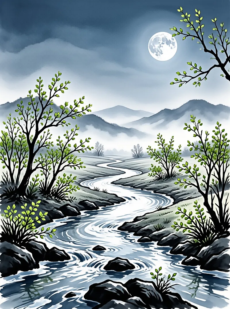 A winding river flows through a misty valley with green trees and mountains beneath a bright full moon.